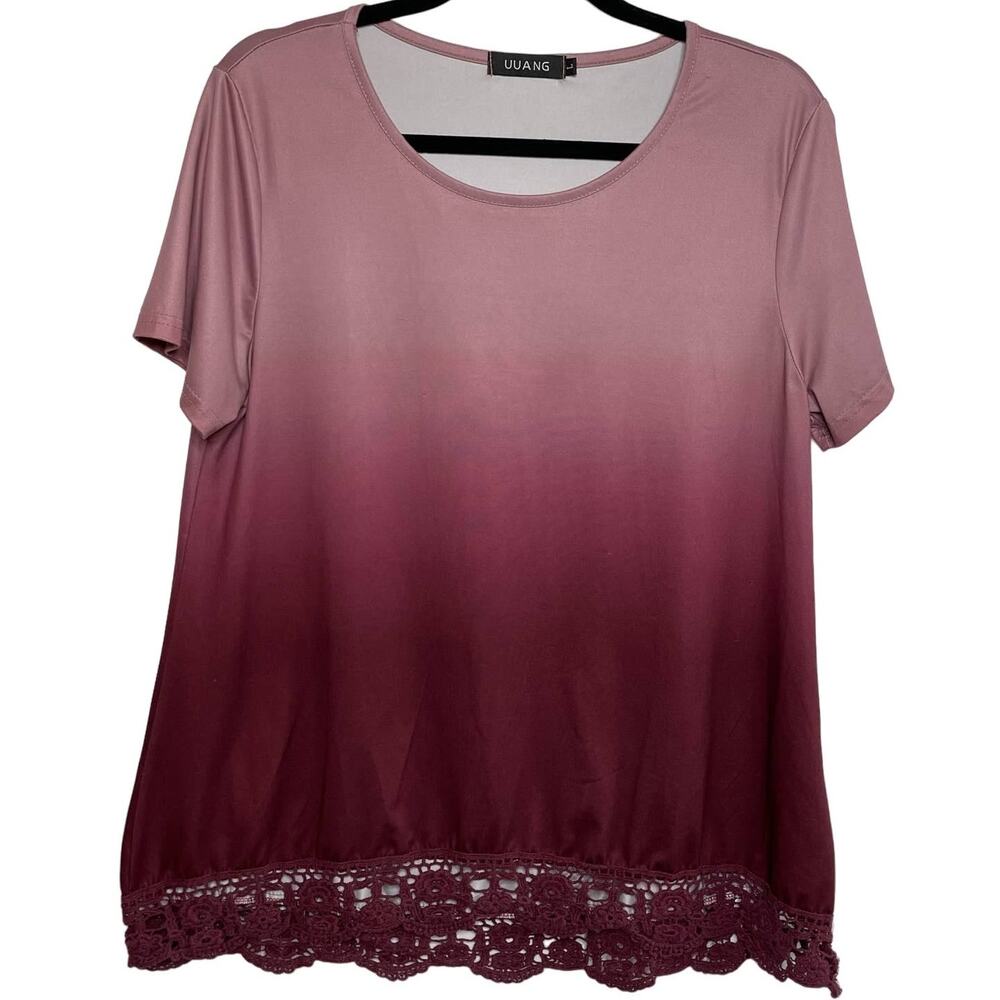 Uuang Ombre Short Sleeves Round Neck Lace Hem Blouse Top Pink/Red Women's Size L